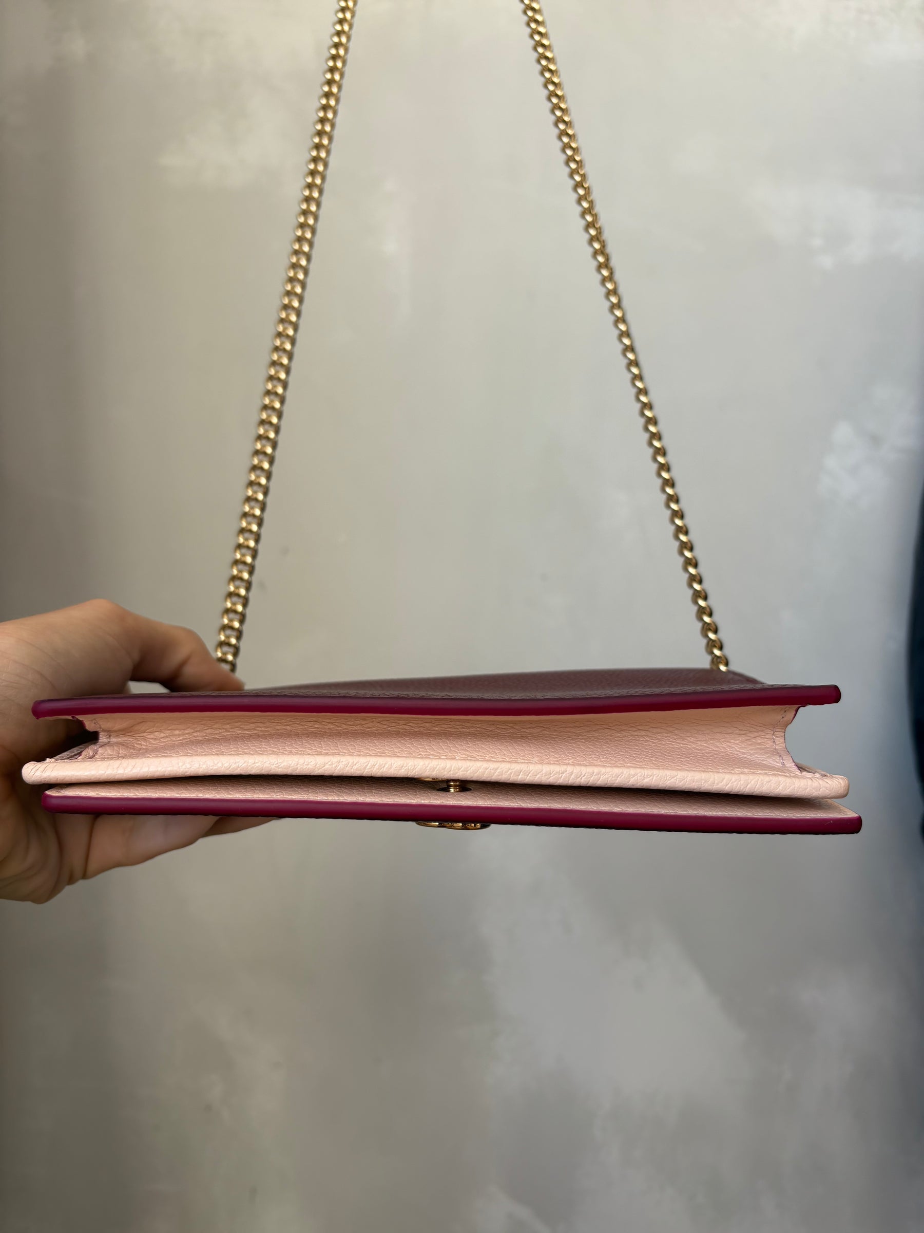 Gucci Burgundy Grained Leather Marmont Wallet on Chain