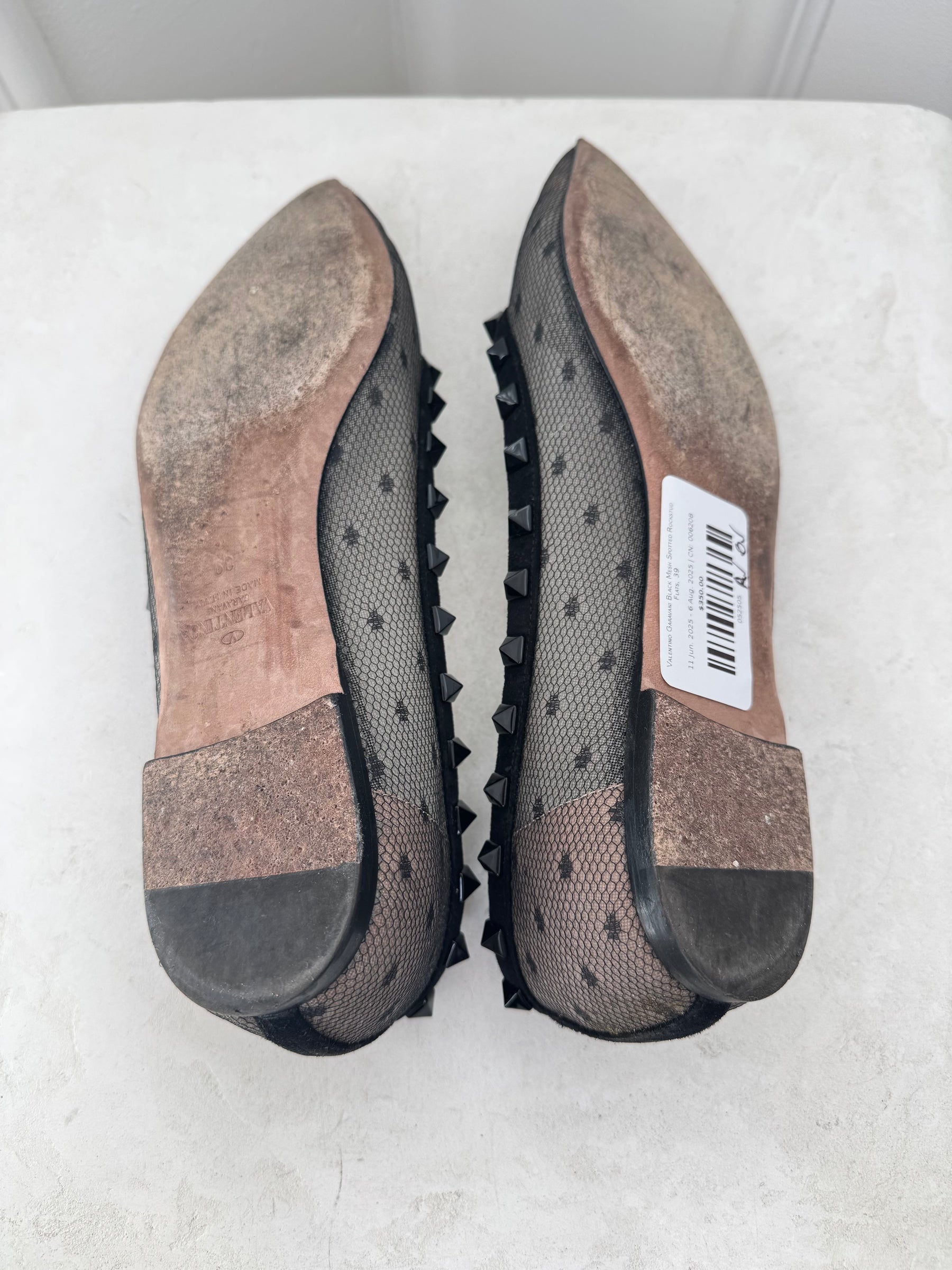 Valentino Garavani Black Mesh Spotted Rockstud Flats, 39