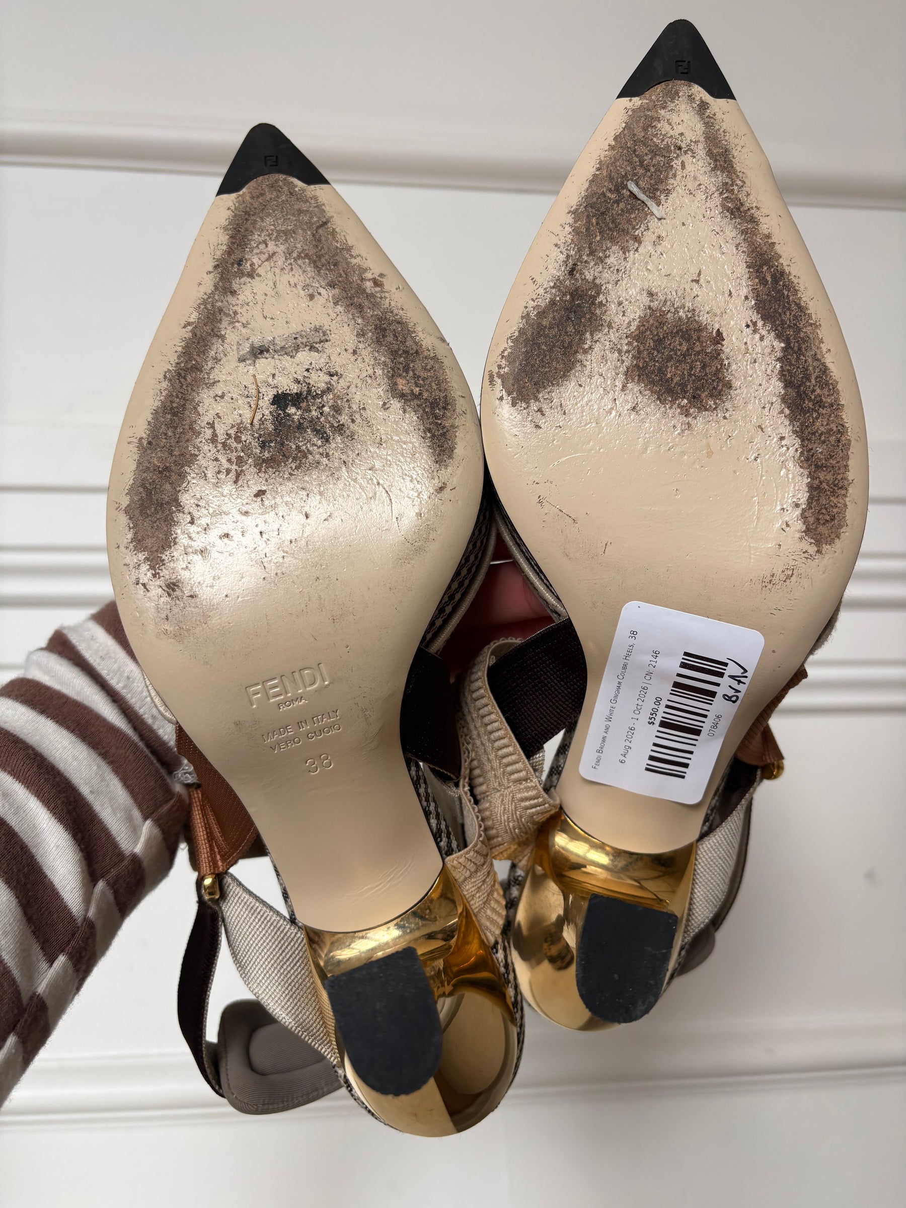 Fendi Brown and White Gingham Colibri Heels, 38