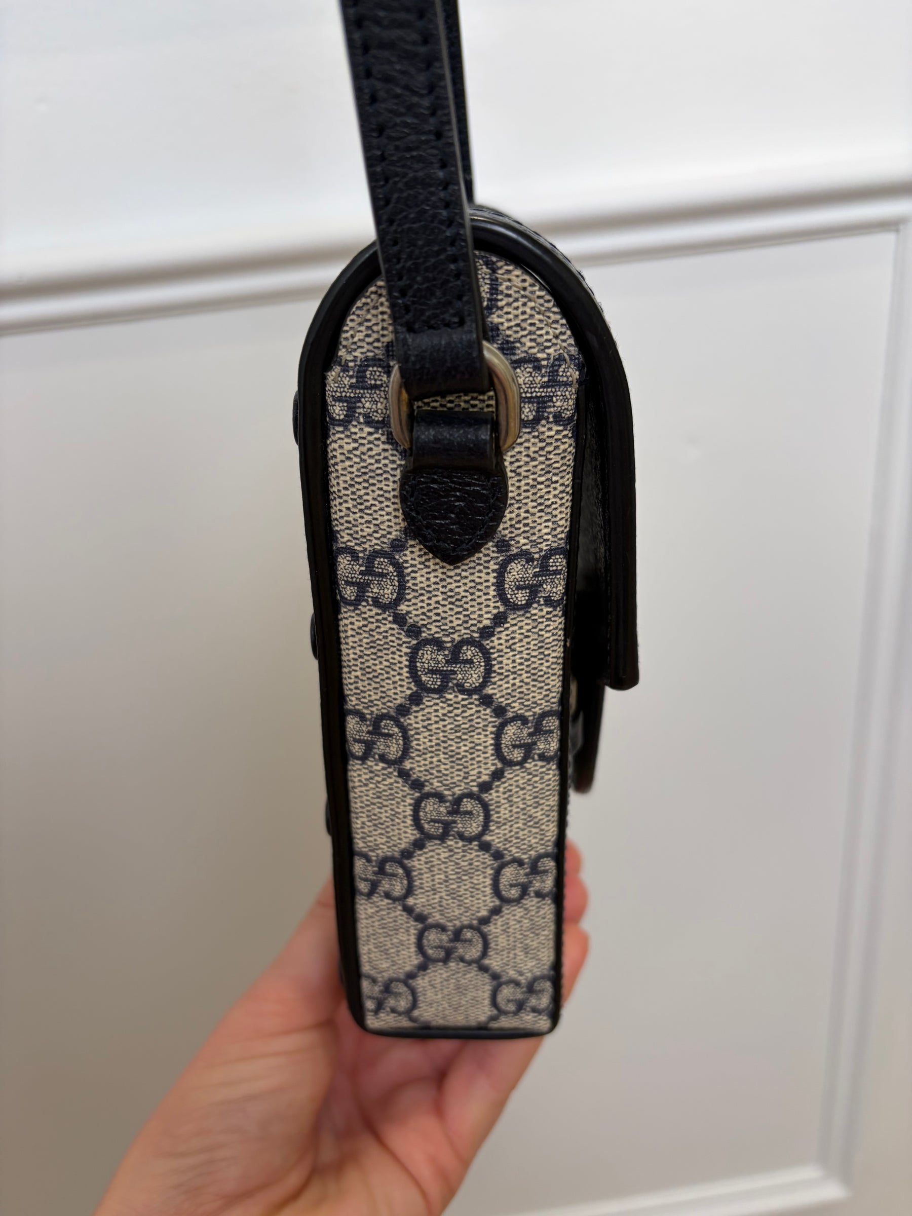Gucci Beige Navy Canvas Mini Horsebit Cross Body Bag