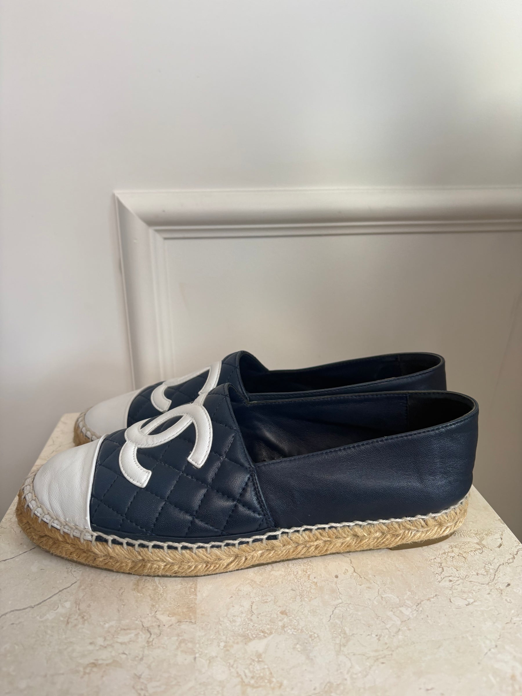 Chanel Navy and White Quilted Logo Espadrilles, 38