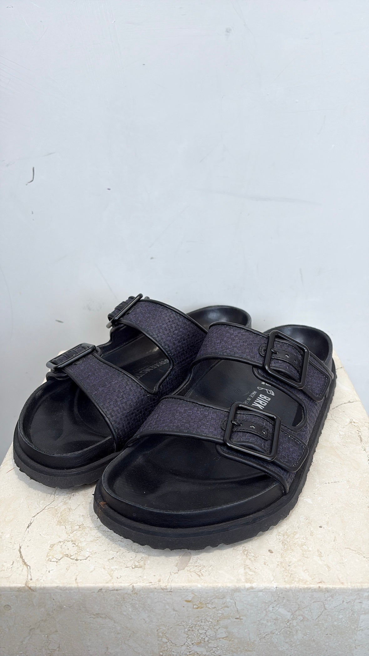 Birkenstock 1774 Black Leather and Navy Raffia Slides, 41