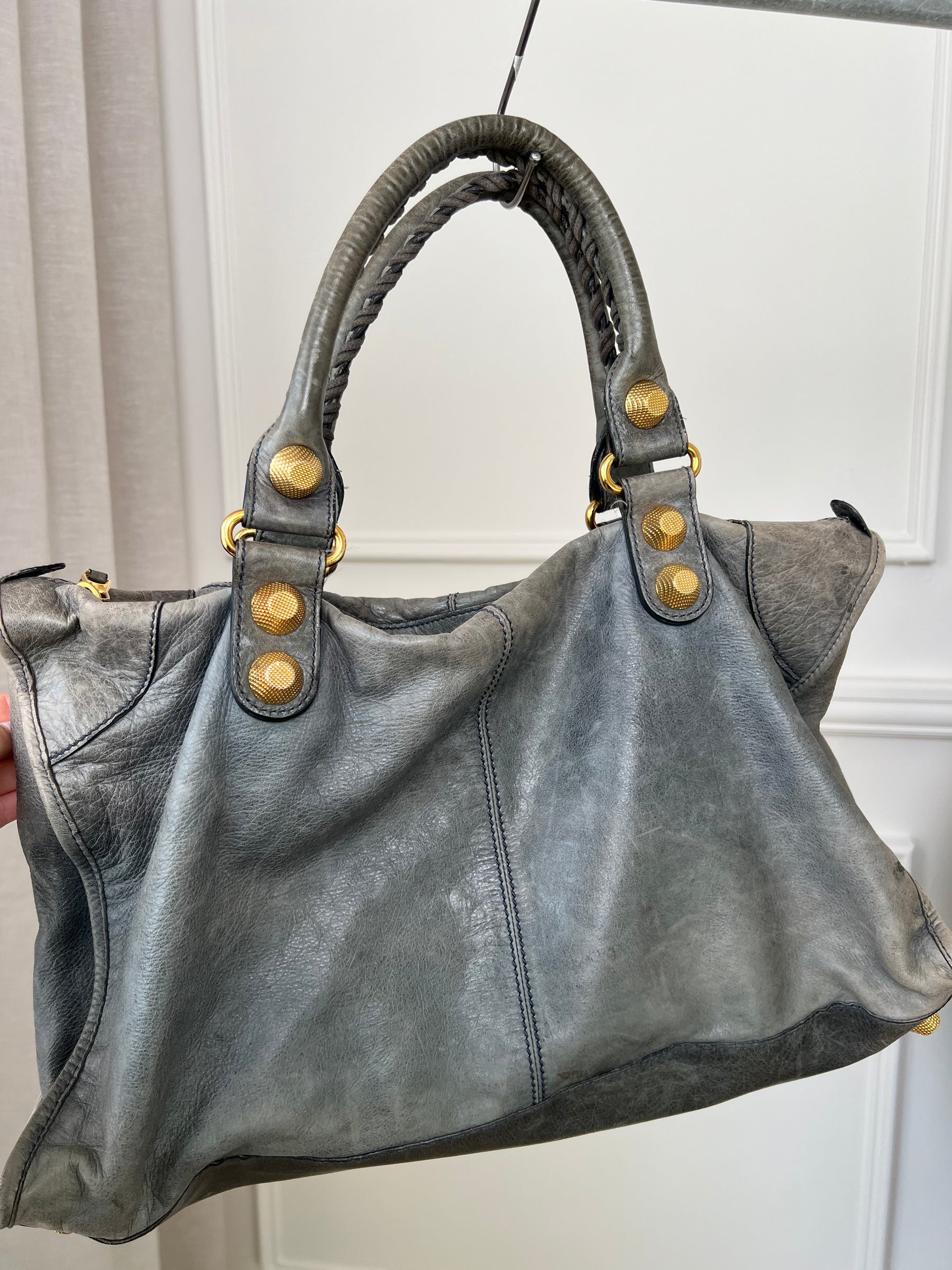 Balenciaga Grey Distressed City Bag Gold Tone Hardware