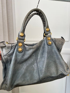 Balenciaga Grey Distressed City Bag Gold Tone Hardware