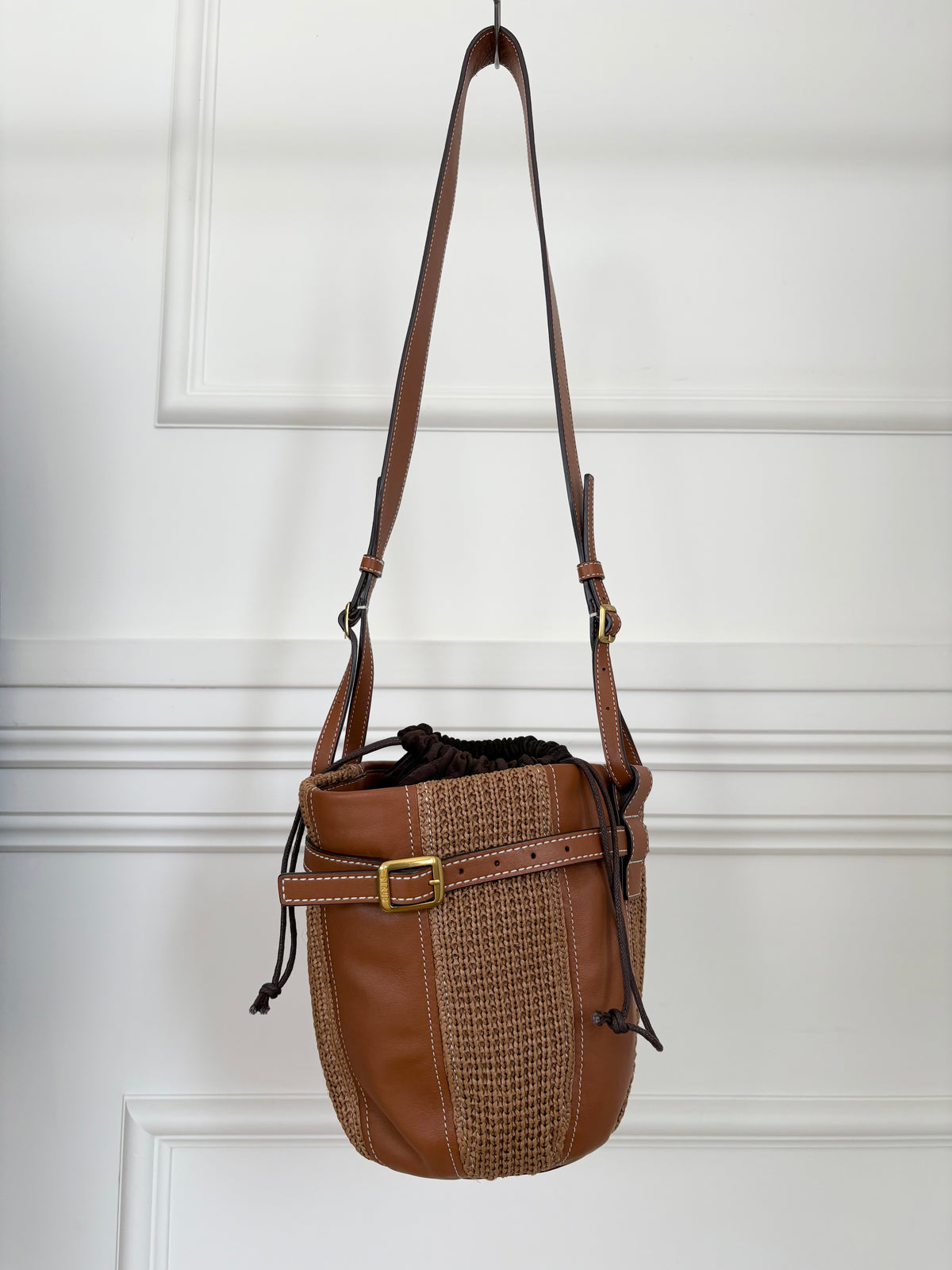 STAUD Tan Leather and Raffia Bucket Shoulder Bag