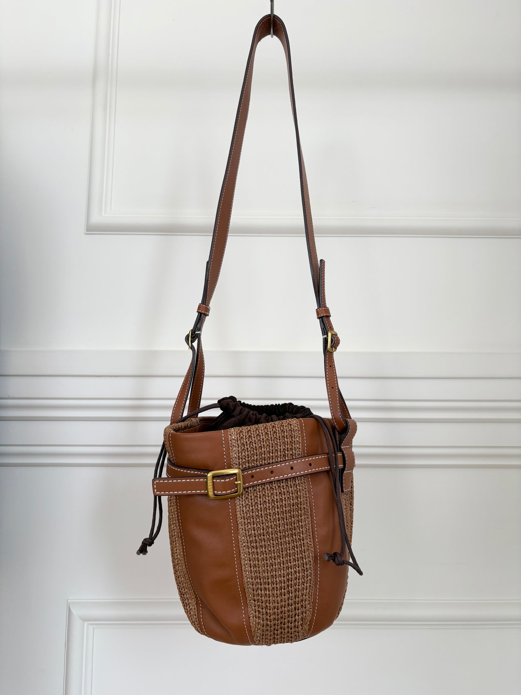 STAUD Tan Leather and Raffia Bucket Shoulder Bag