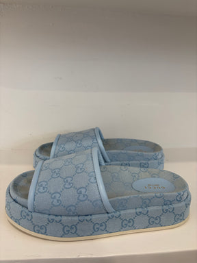 Gucci Blue Canvas Monogram Platform Slides, 39