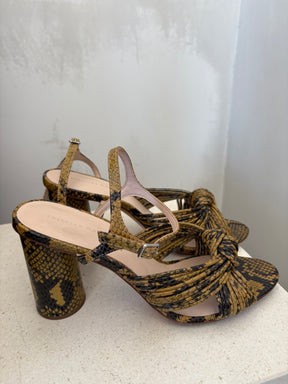 LOEFFLER RANDALL Black and Mustard Python Print Strappy Block Heels, 10 B