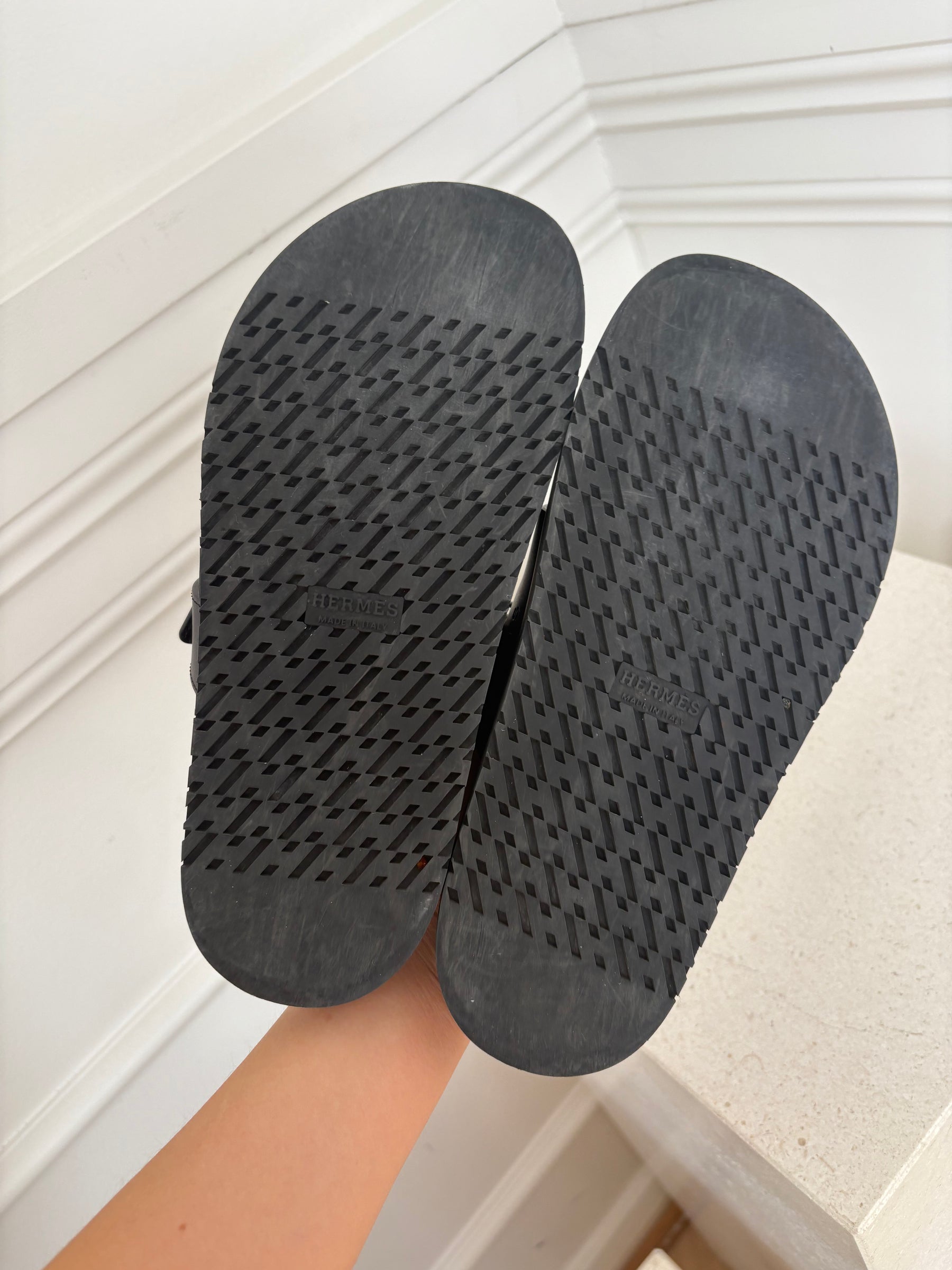 Hermès Black Leather Chypre Sandals, 36