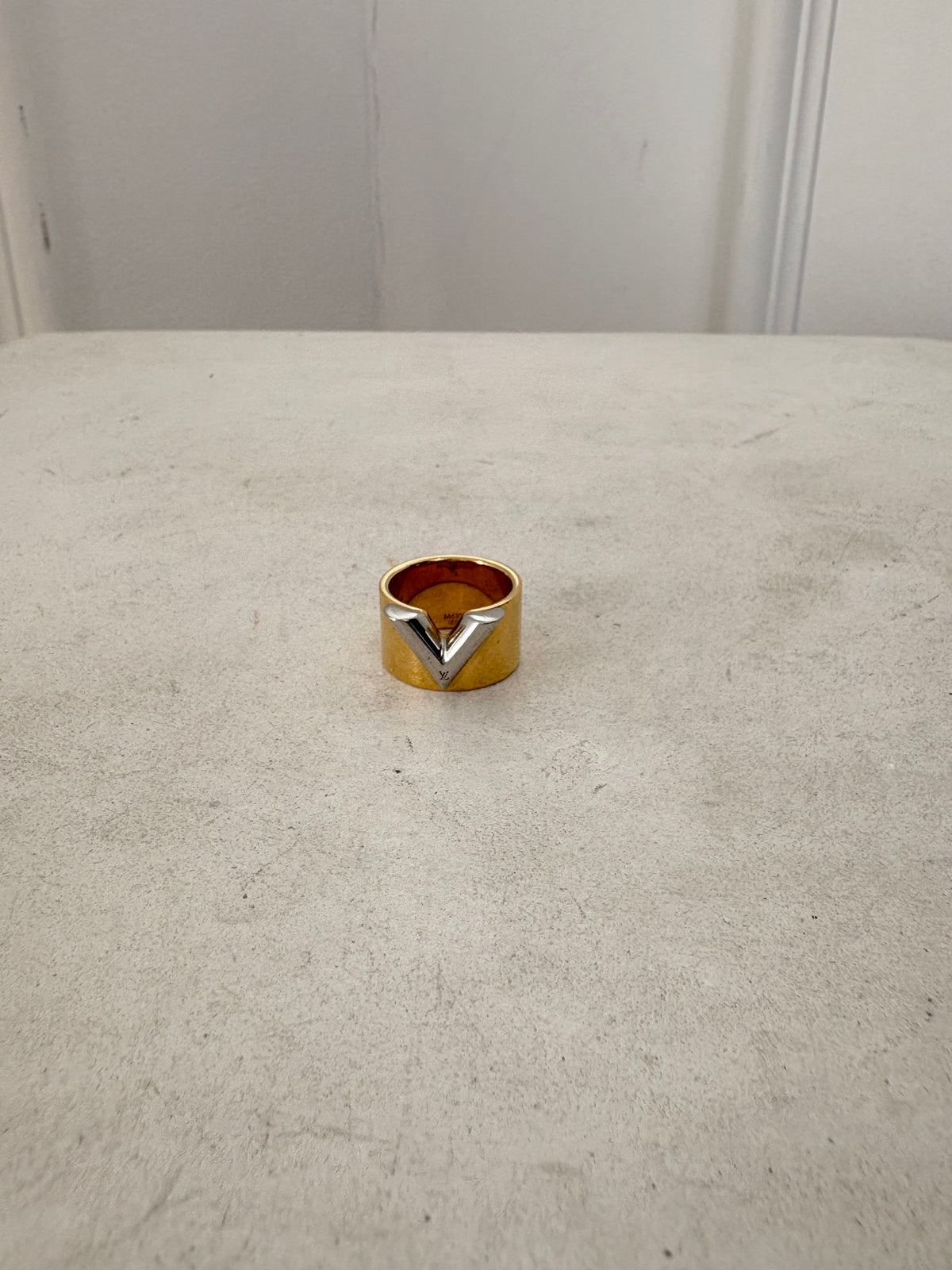 Louis Vuitton Gold Tone and Silver V Logo Ring, L