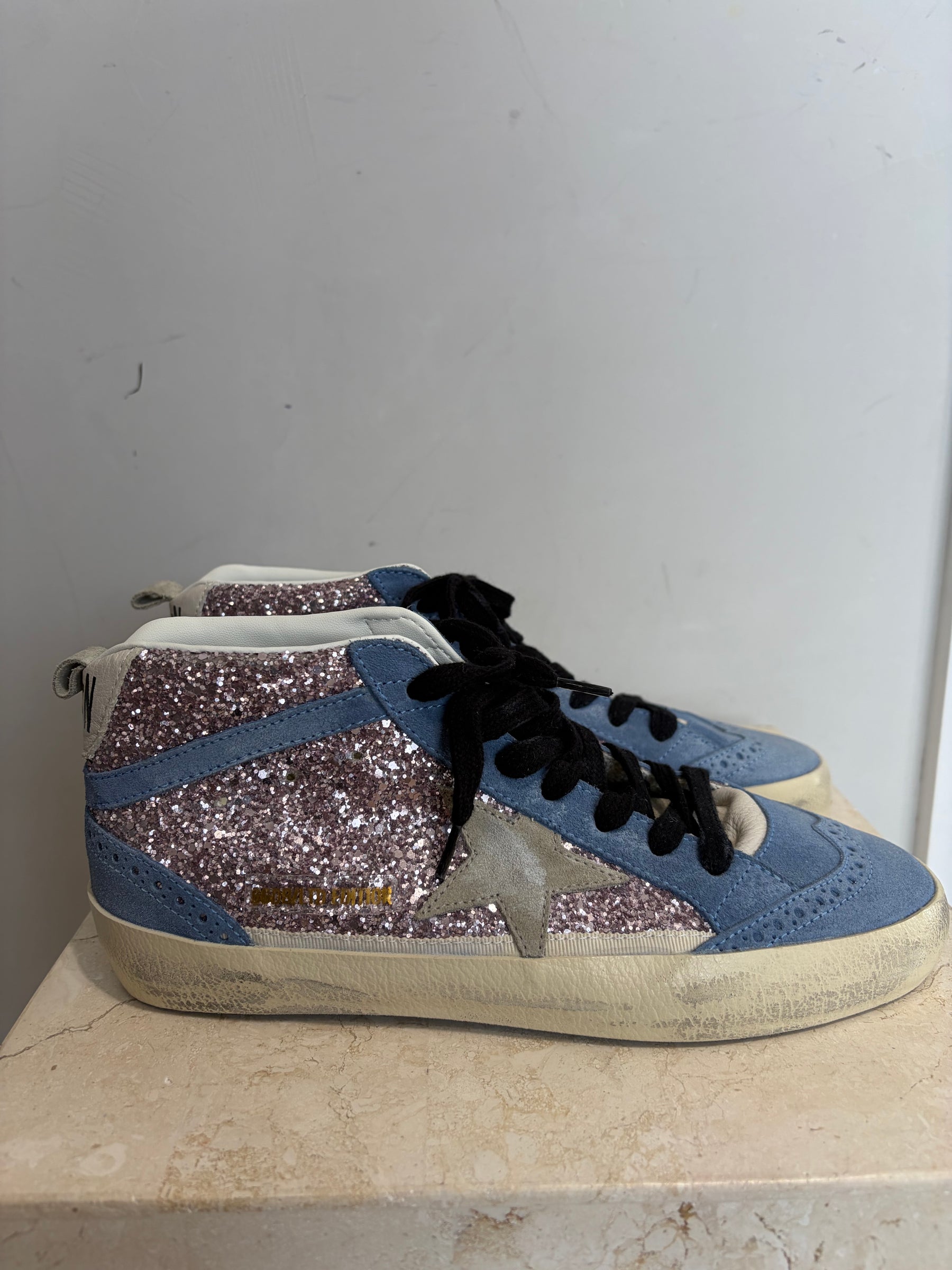 Golden Goose Blue Suede and Purple Glitter Midstar Sneakers, 38