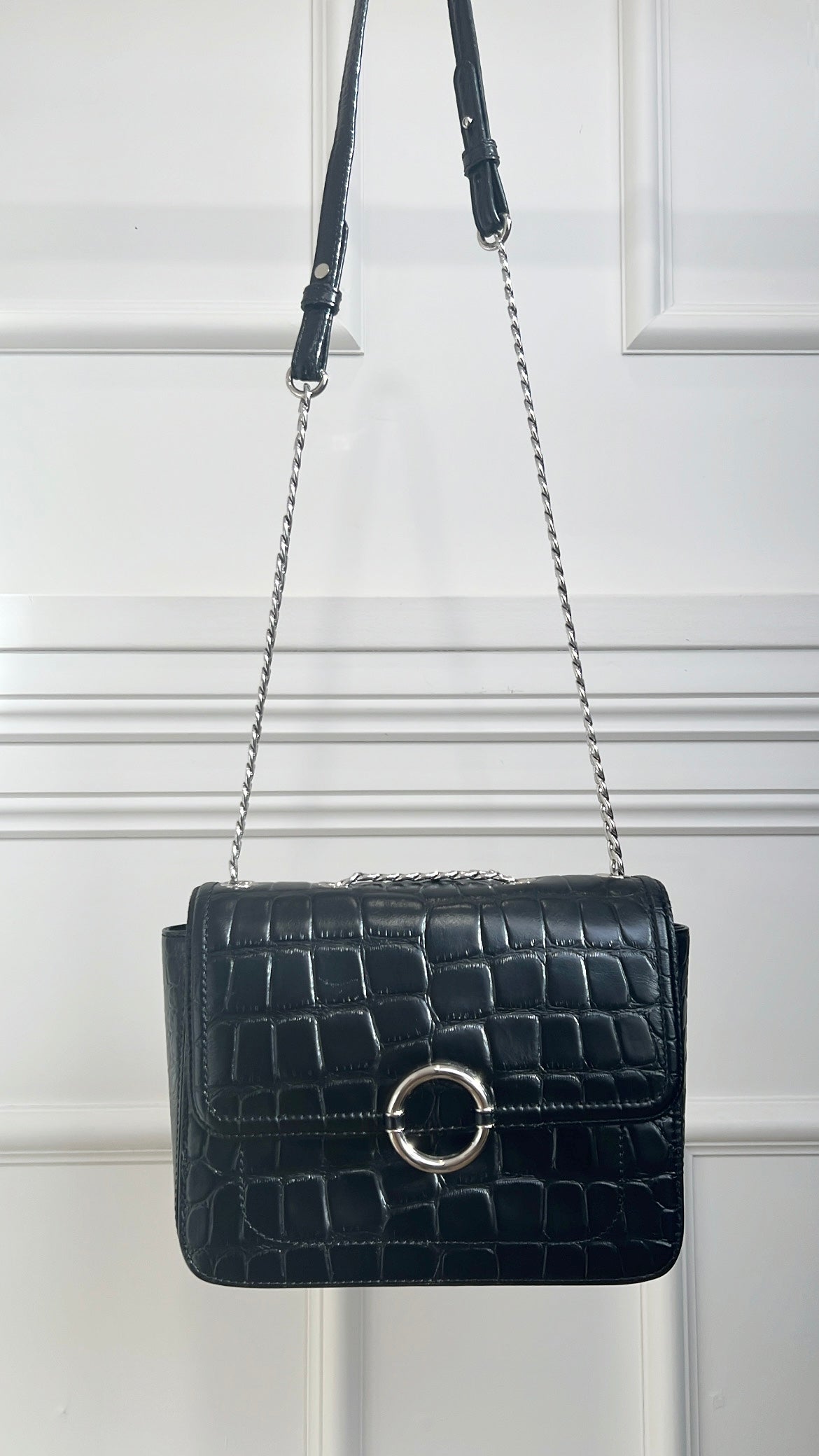 Oroton Ashby Croc Effect Shoulder Bag Tone Silver Hardware