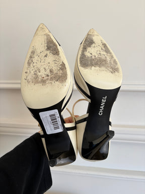 Chanel White and Black Leather Pointed Mary Janes, 41 C