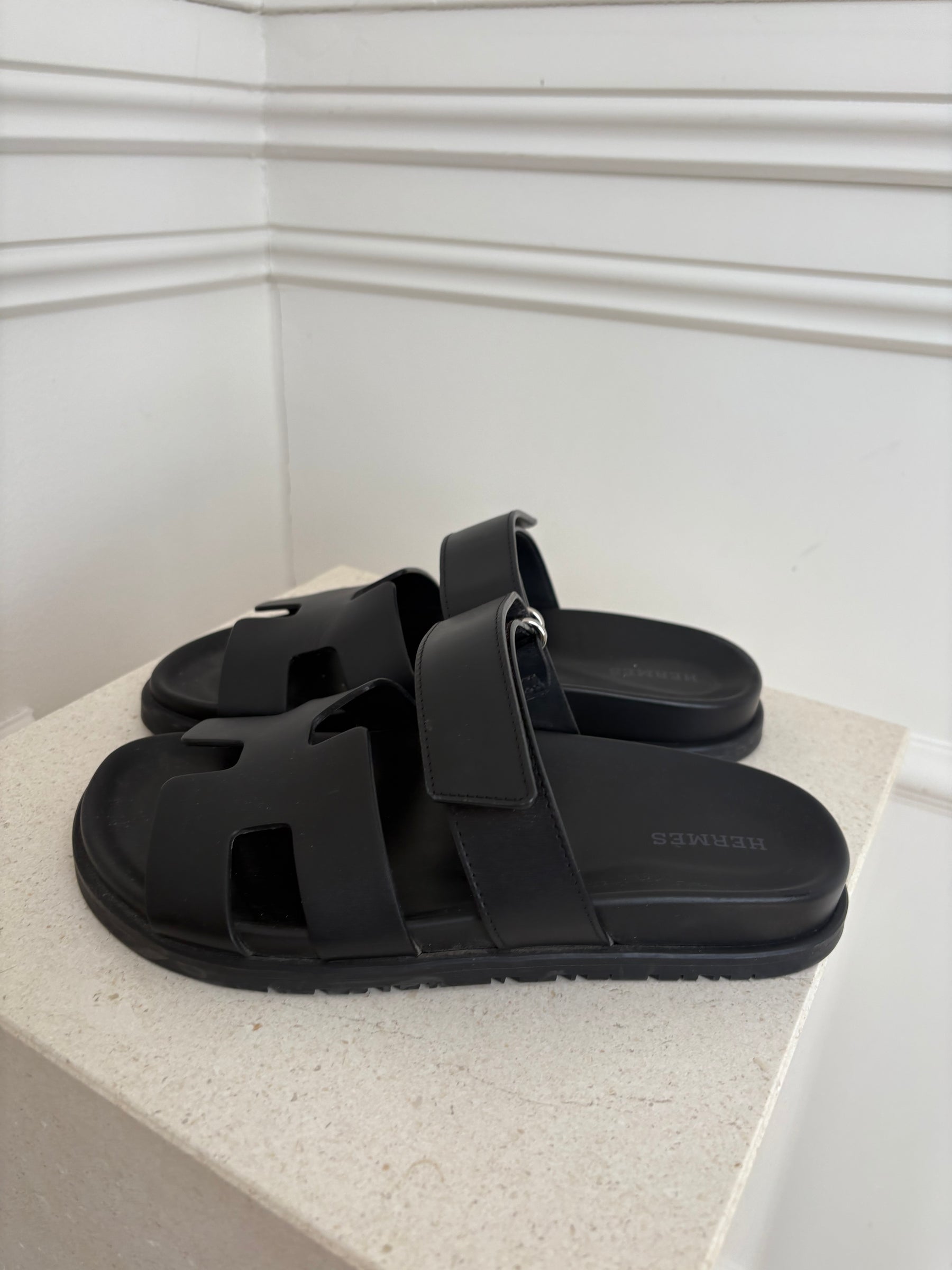 Hermès Black Leather Chypre Sandals, 36