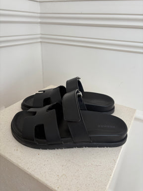 Hermès Black Leather Chypre Sandals, 36
