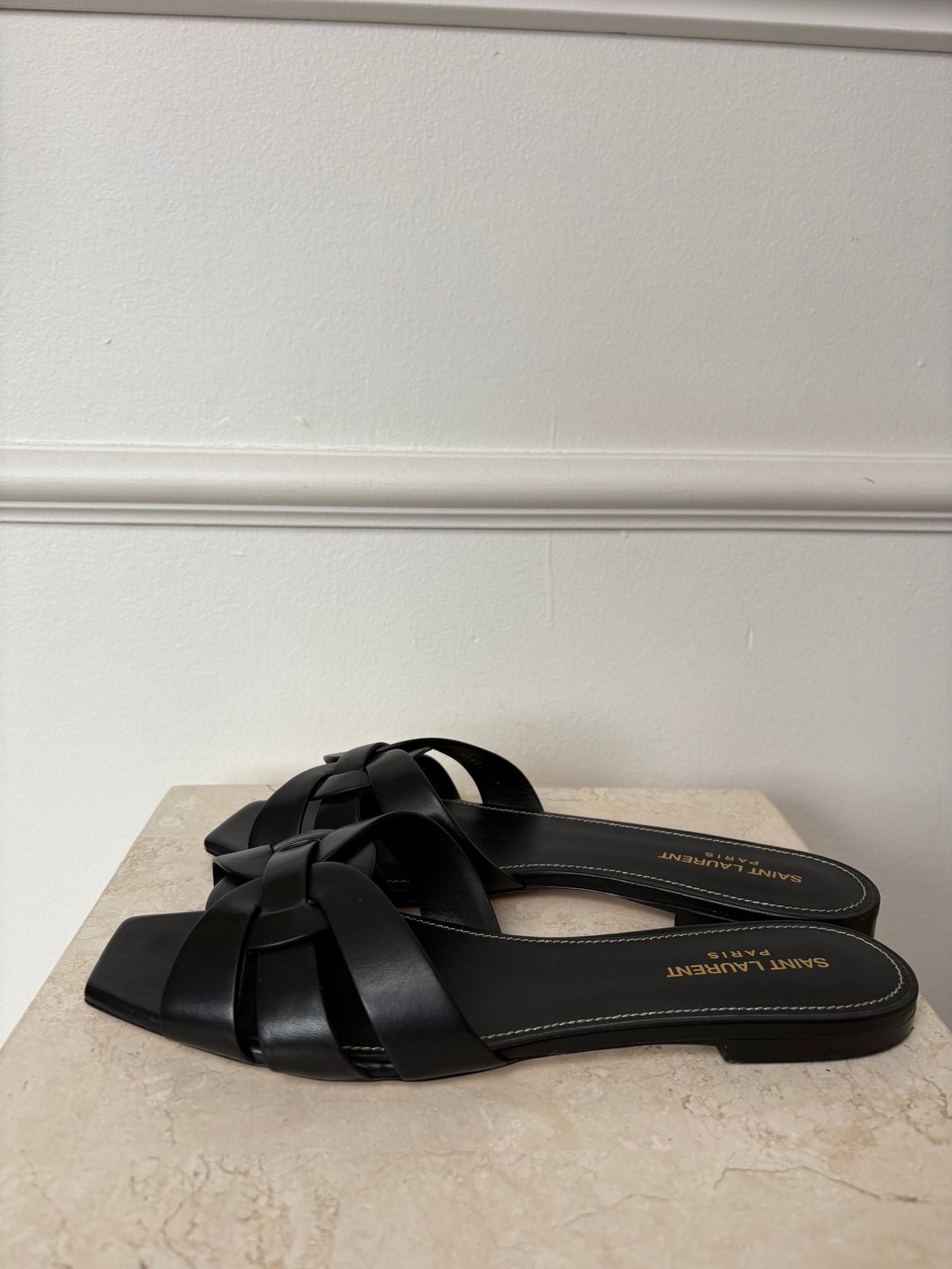 Saint Laurent Black Leather Tribute Slides, 41