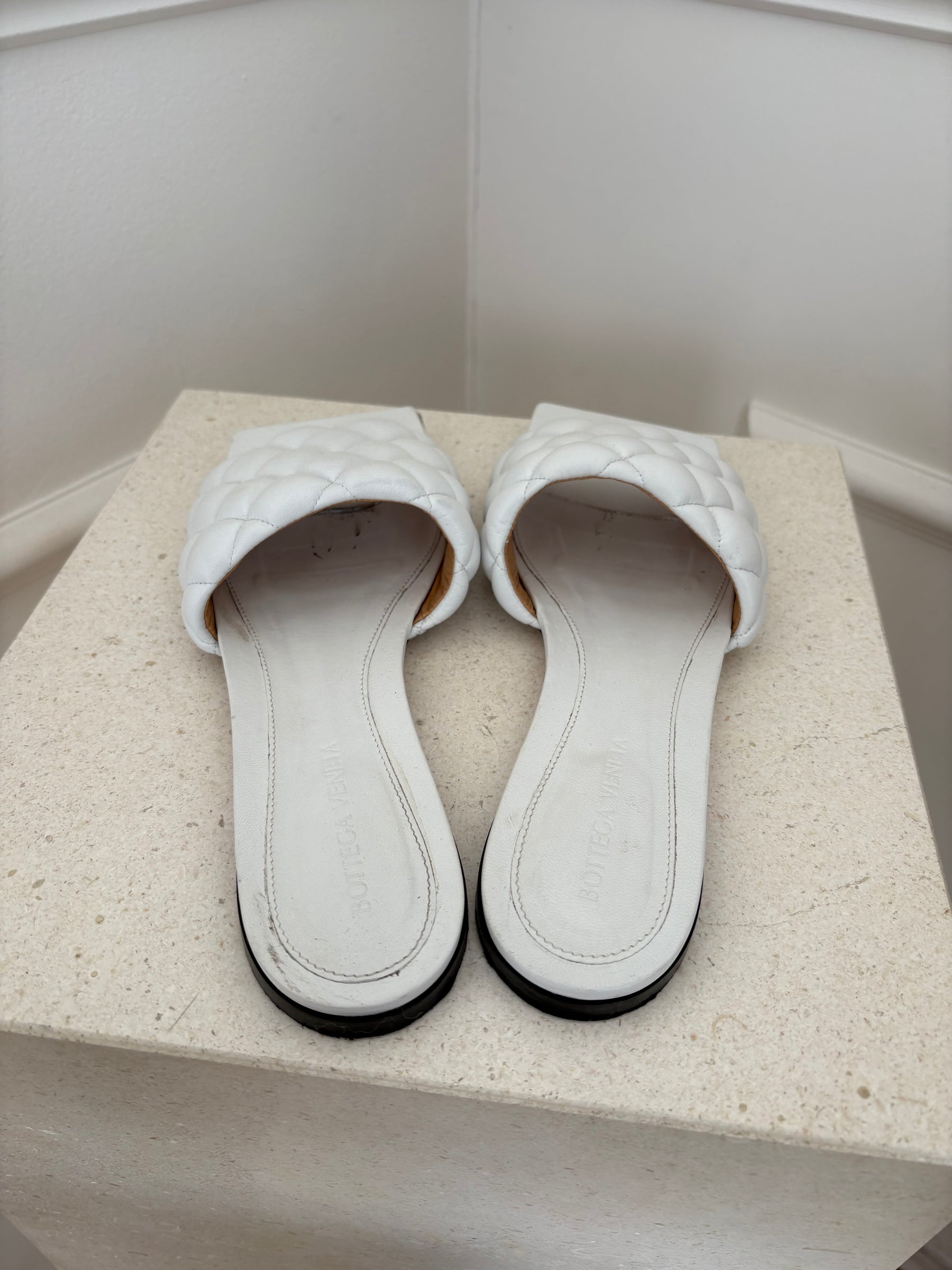 Bottega Veneta White Padded Lido Leather Slides, 39