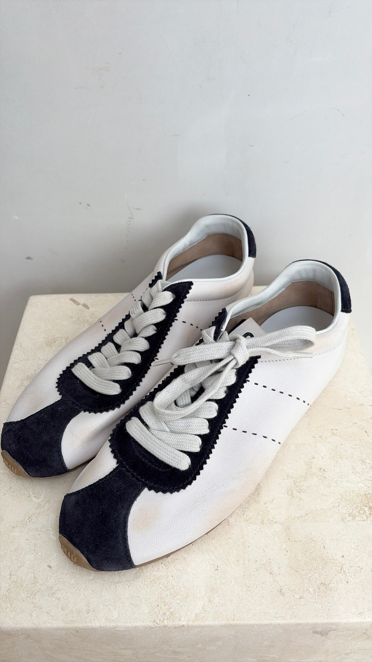 Miu Miu Plume Sneaker White and Navy With Distressing, 40
