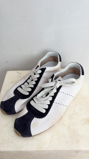Miu Miu Plume Sneaker White and Navy With Distressing, 40