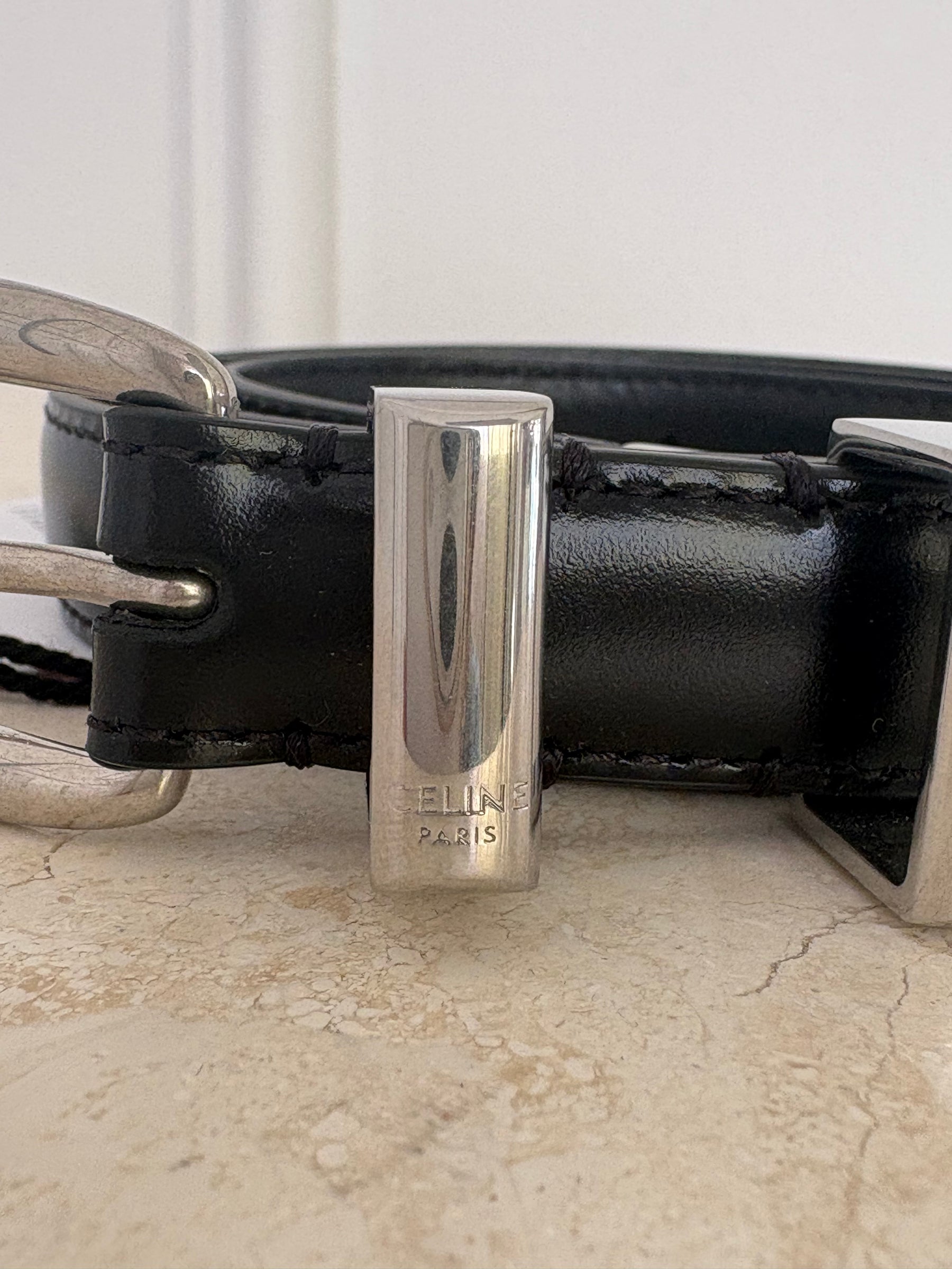 Celine Black Leather Silver Buckle Western Belt, 75