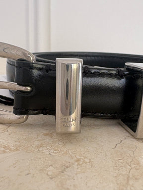 Celine Black Leather Silver Buckle Western Belt, 75