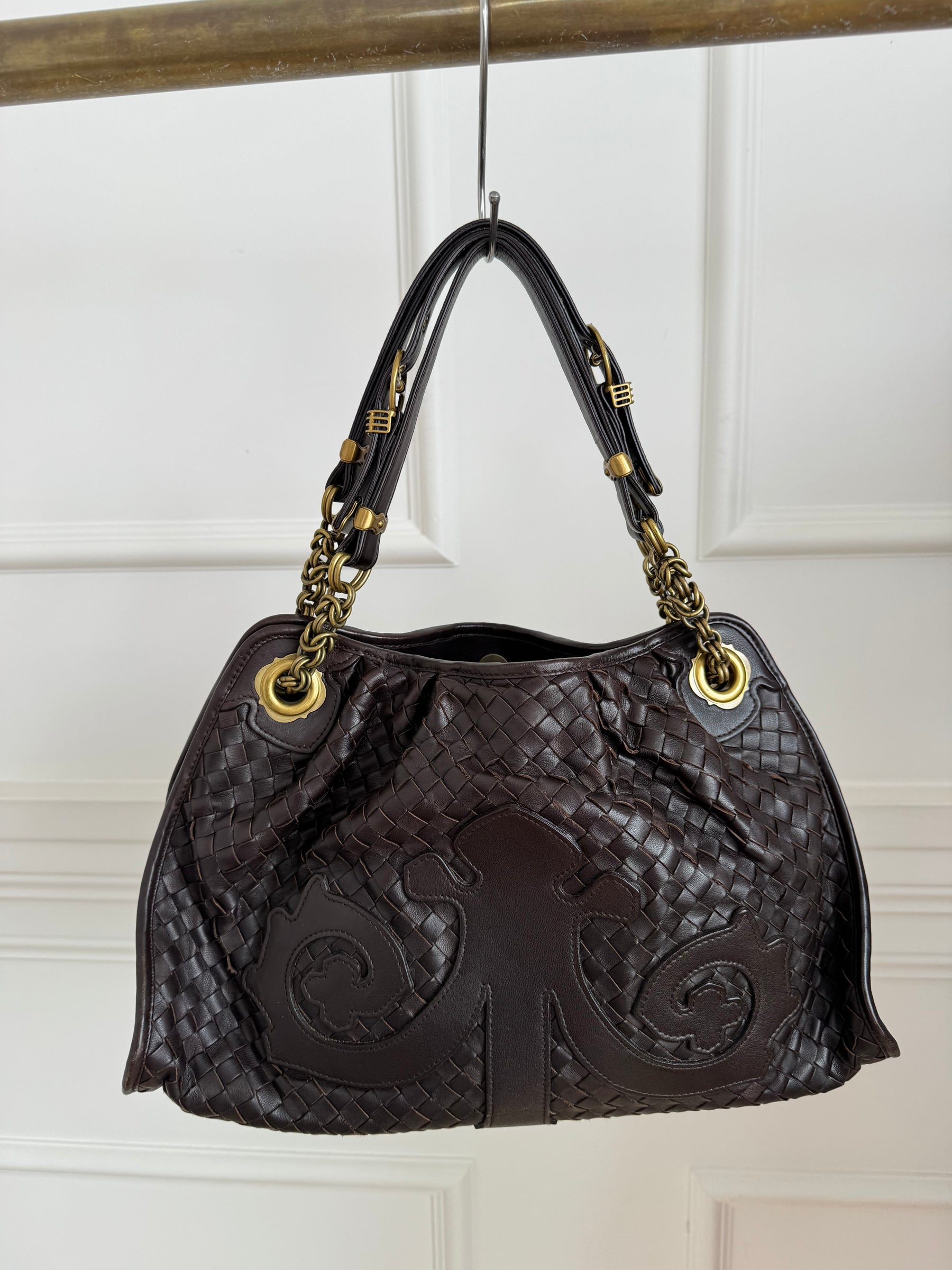 Bottega Veneta Brown Intrecciato Leather Chain Shoulder Bag with Leather Applique