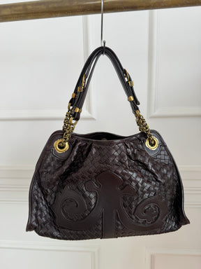 Bottega Veneta Brown Intrecciato Leather Chain Shoulder Bag with Leather Applique