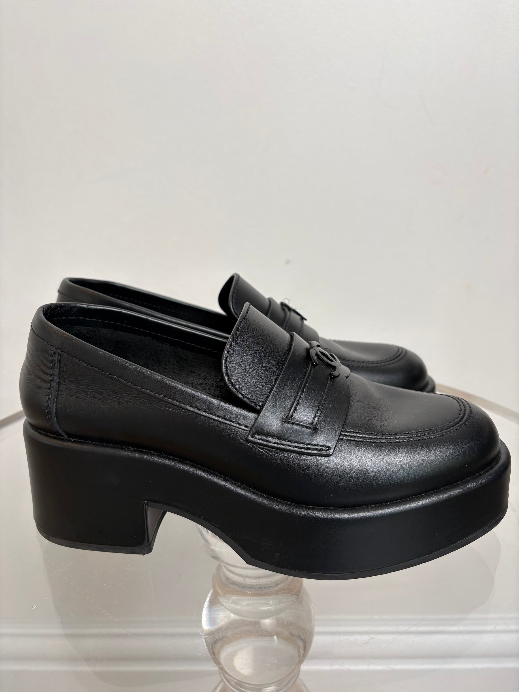 Chanel Black Leather Platform Logo Loafer, 37 C