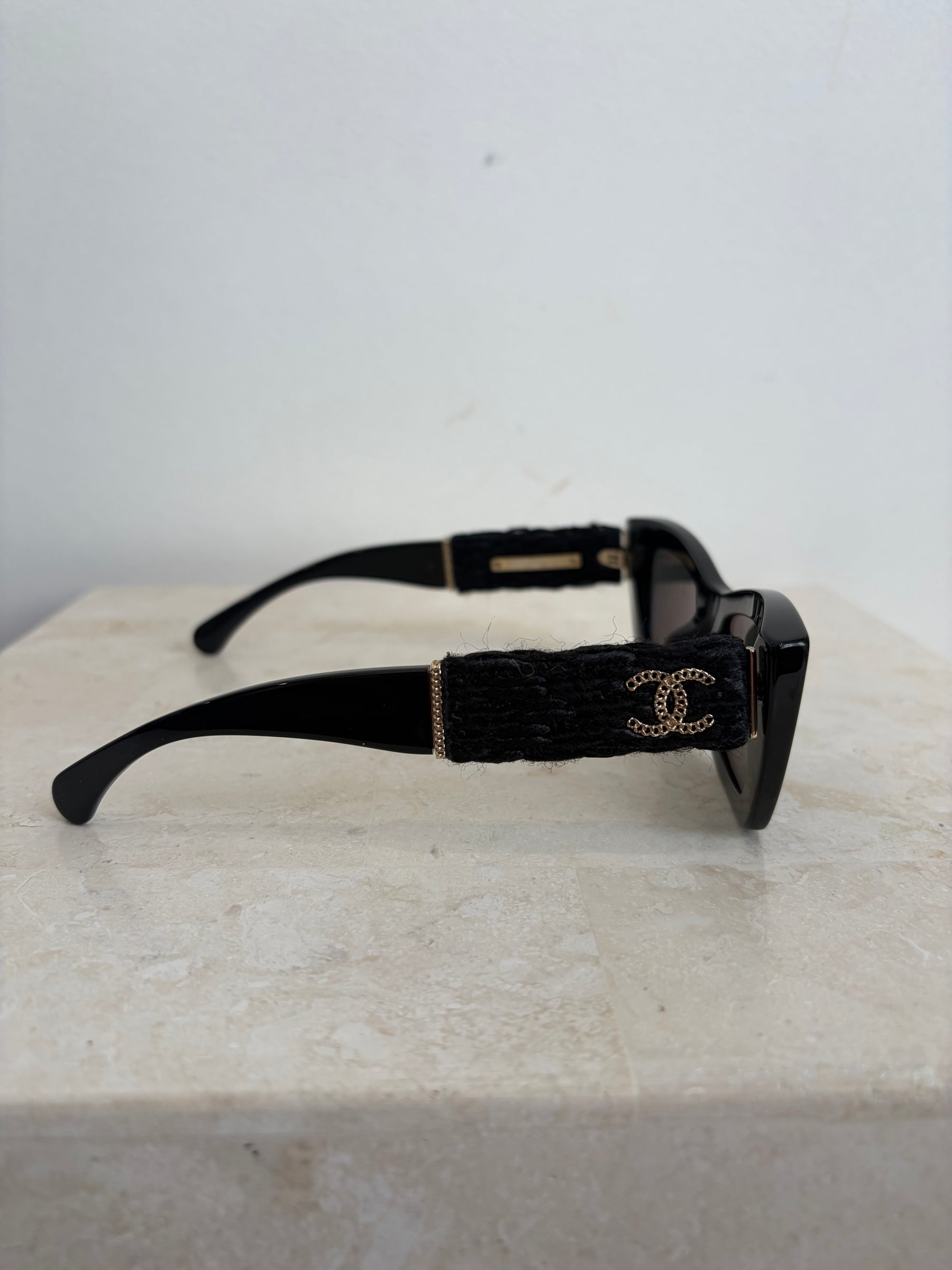 Chanel Black Cat Eye Tweed Logo Arm Sunglasses