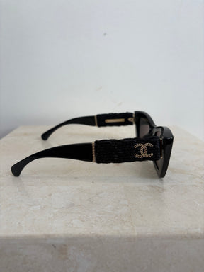 Chanel Black Cat Eye Tweed Logo Arm Sunglasses