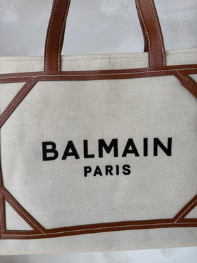 Balmain Cream Canvas and Tan leather logo Tote
