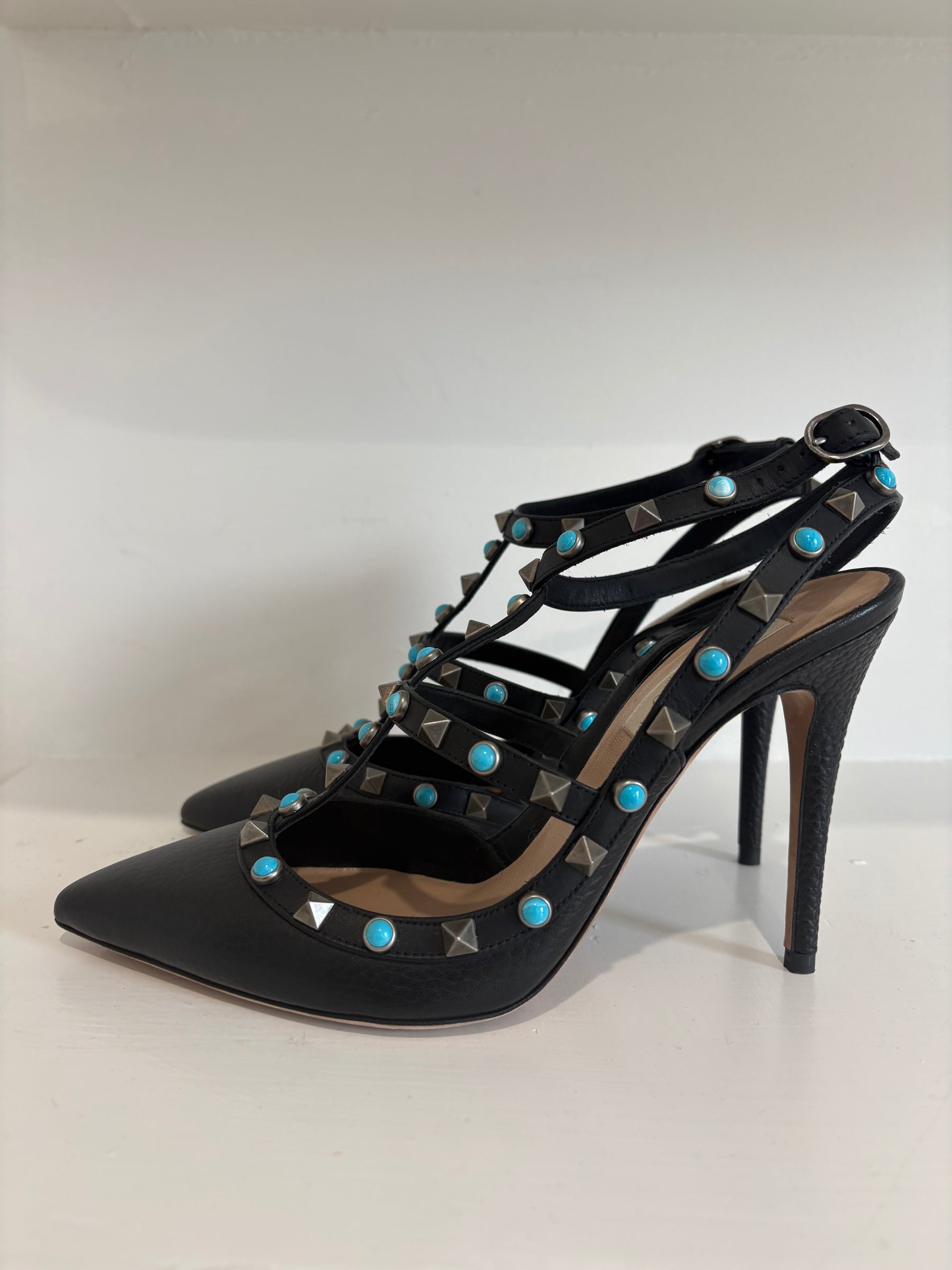 Valentino Rockstud Black Leather Cage Heels With Turquoise, 38