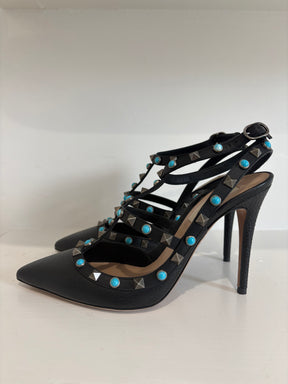 Valentino Rockstud Black Leather Cage Heels With Turquoise, 38