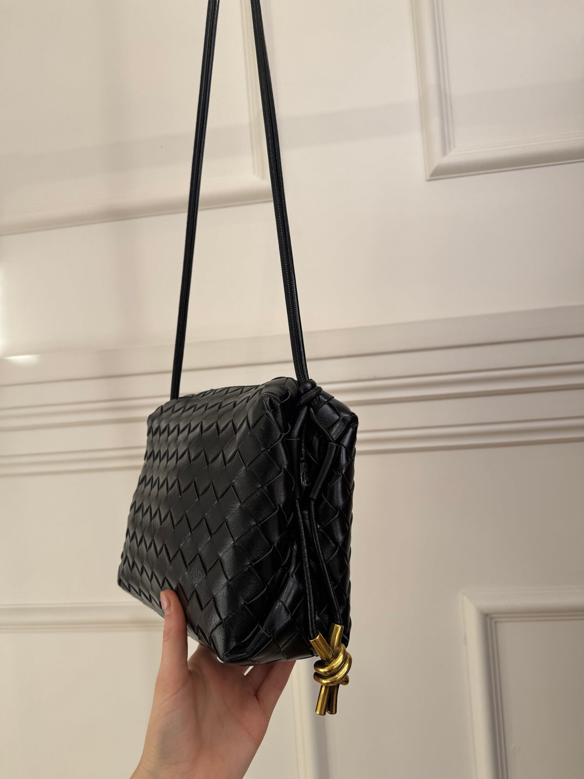 Bottega Veneta Black Patent Intrecciato Leather Small Loop Bag
