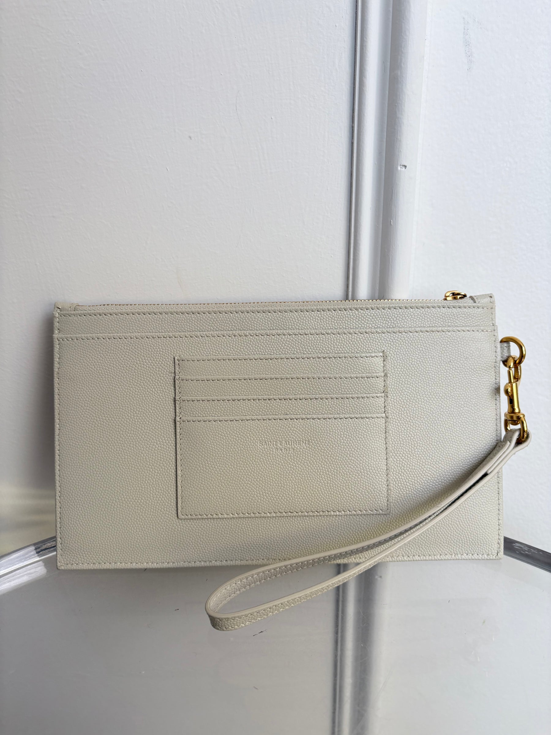 Saint Laurent Cream Grained Leather Logo Wristlet Pouch
