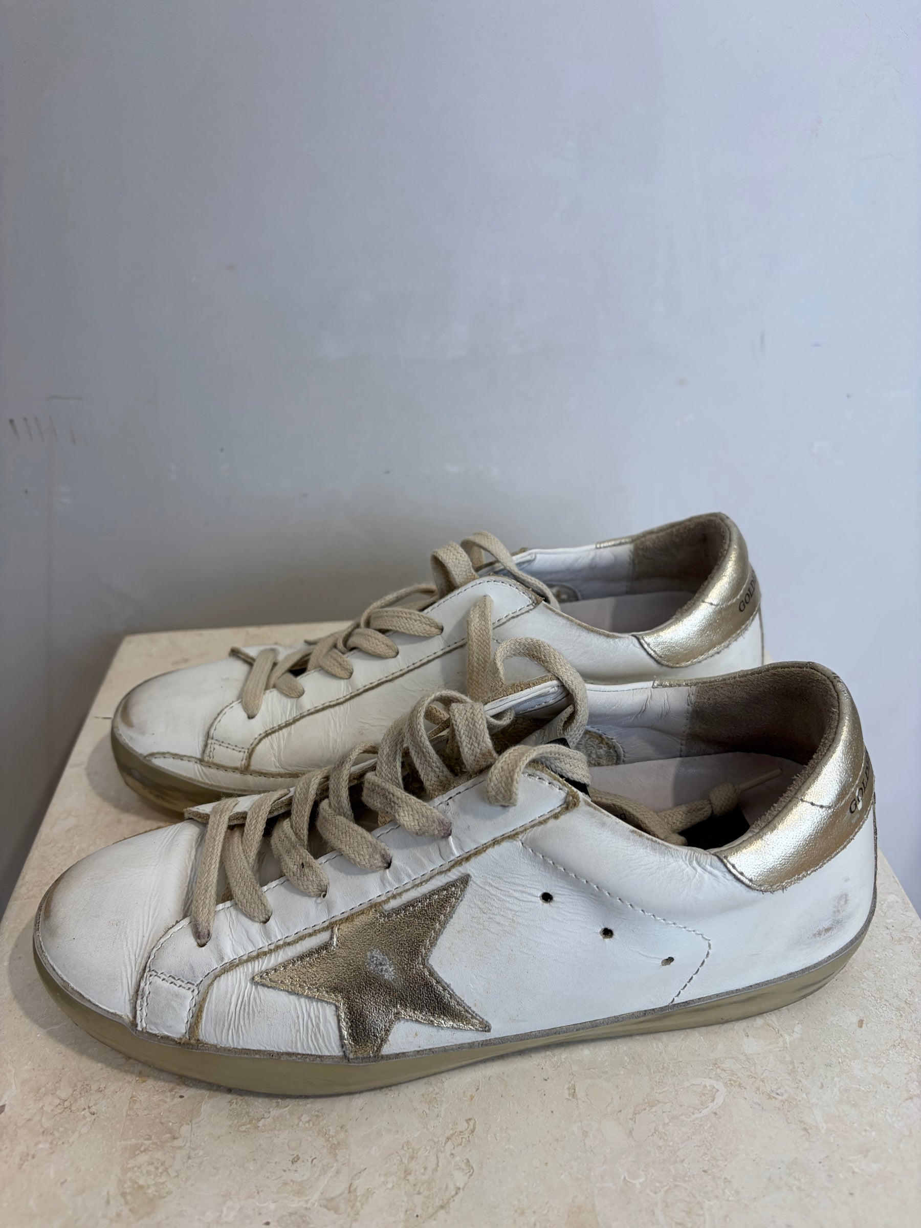 Golden Goose White and Gold Superstar Sneakers, 36