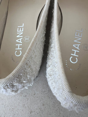 Chanel Cream Tweed Logo Ballet Flats, 37C