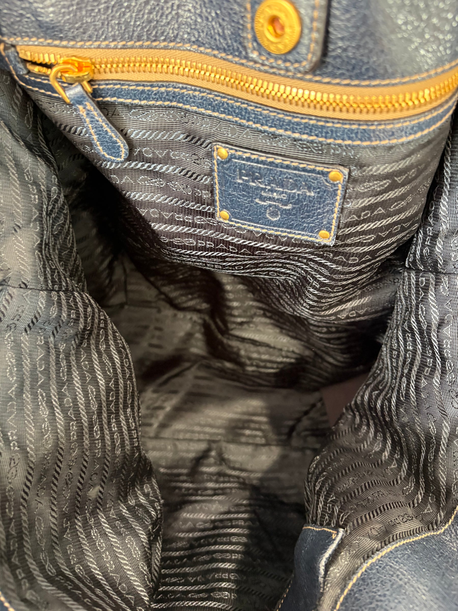 Prada Navy Craquele Cervo Lux Chain Tote Bag