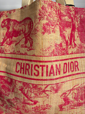 Dior Red Toile De Juoy Raffia Tote and Beach Towel SET