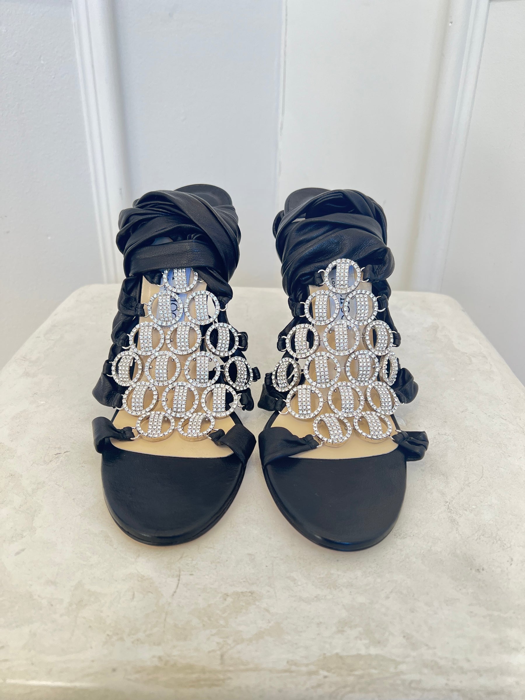 Jimmy Choo Black leather Crystal Embellished Ankle Tie Heels, 41