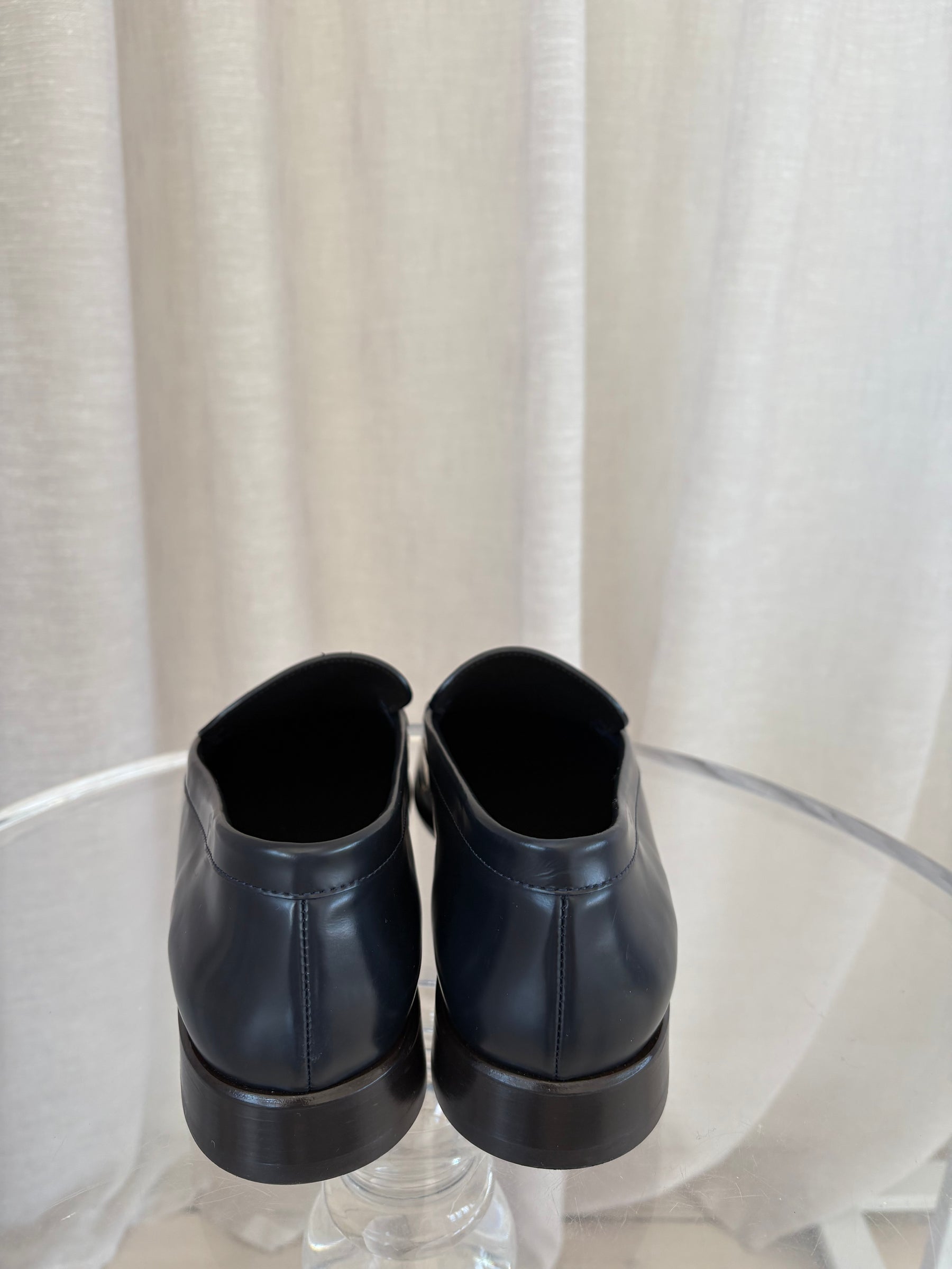 The Row Navy Leather "Mensy" Loafers, 40