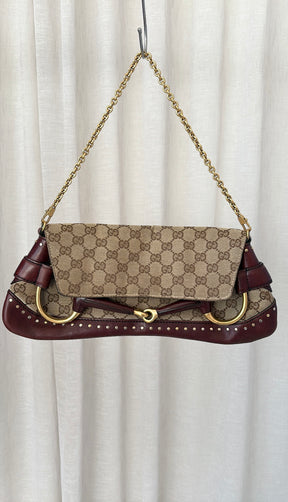 Gucci Burgundy Leather and Canvas Monogram Horsebit Clutch