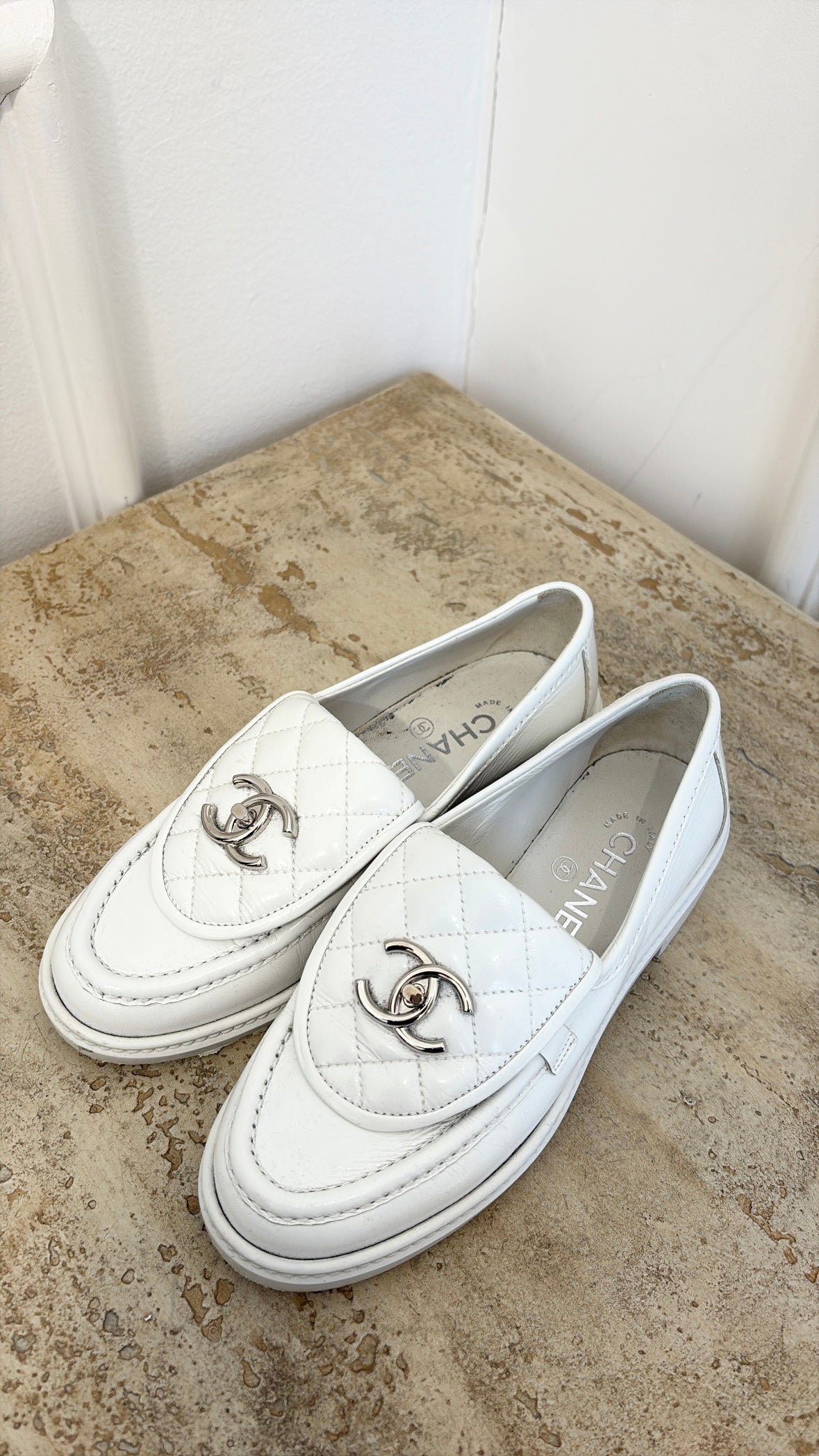 Chanel White Patent Leather Turn Lock Loafer, 35C