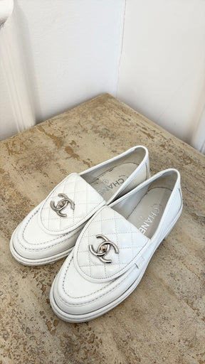 Chanel White Patent Leather Turn Lock Loafer, 35C