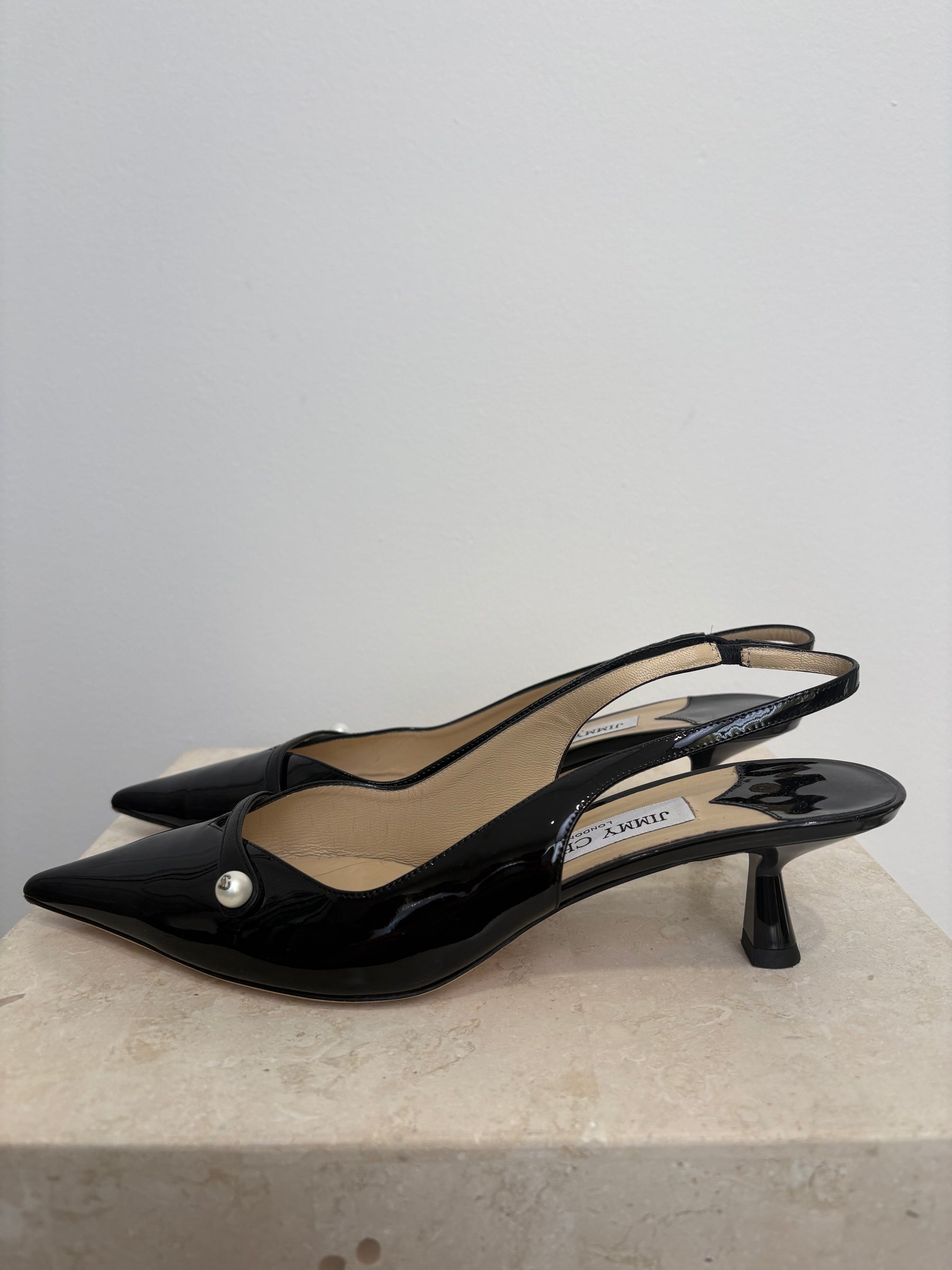 Jimmy Choo Black Patent Sling Backs, 39