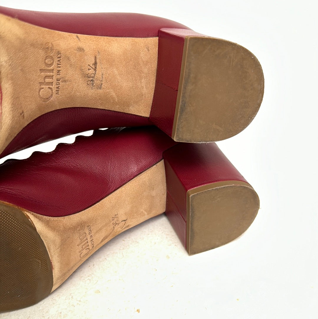 Chloe Burgundy Leather Scalloped Detail Block Heel, 36.5