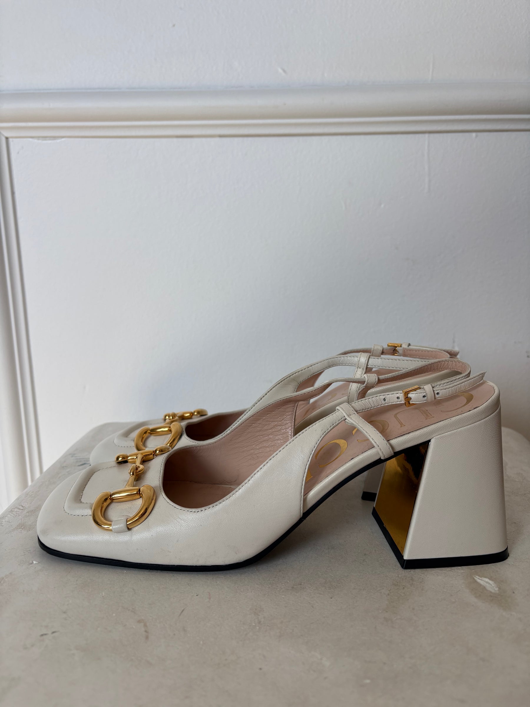 Gucci White Horsebit Slingback Block Heel Pumps, 39