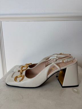 Gucci White Horsebit Slingback Block Heel Pumps, 39