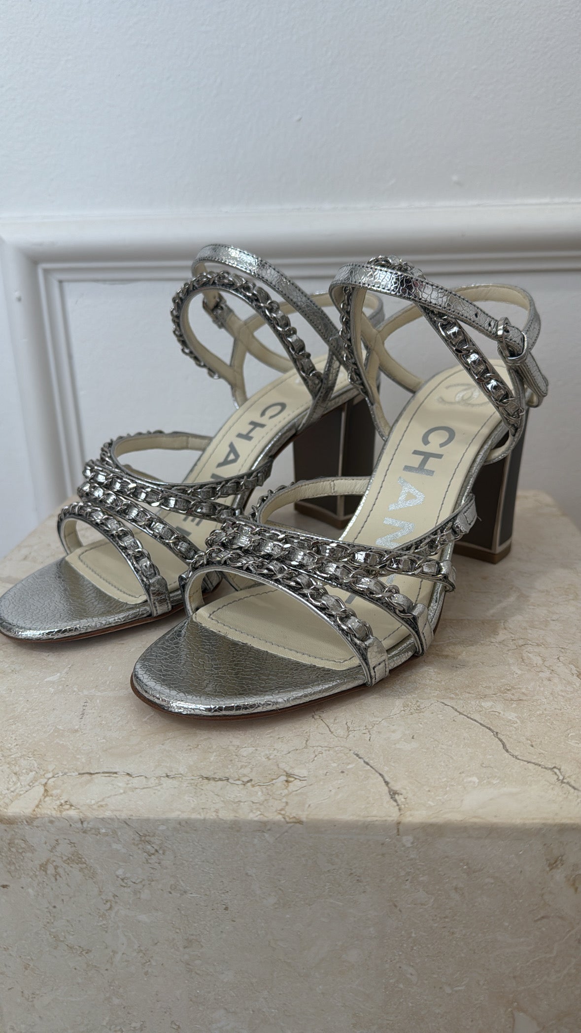 Chanel Silver Chain leather Block Heel Sandals, 38.5C