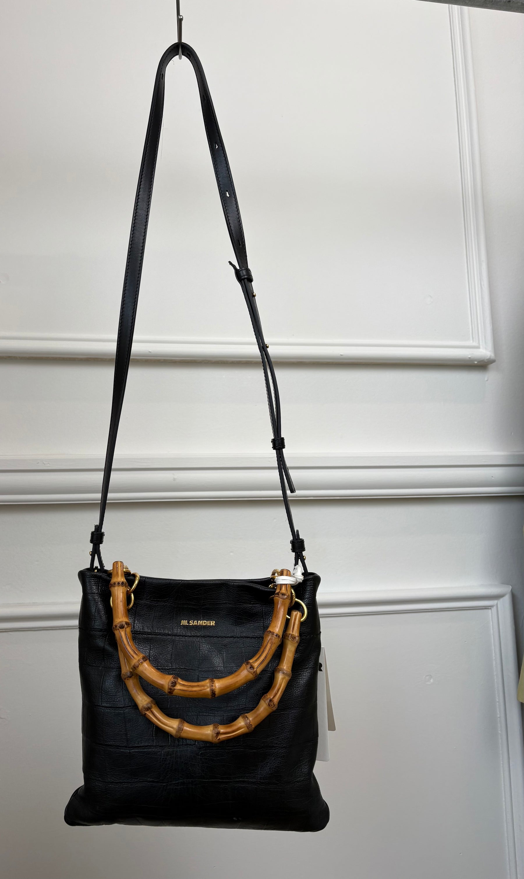 Jil Sander Croc Embossed Bamboo Shopper Black, Small
